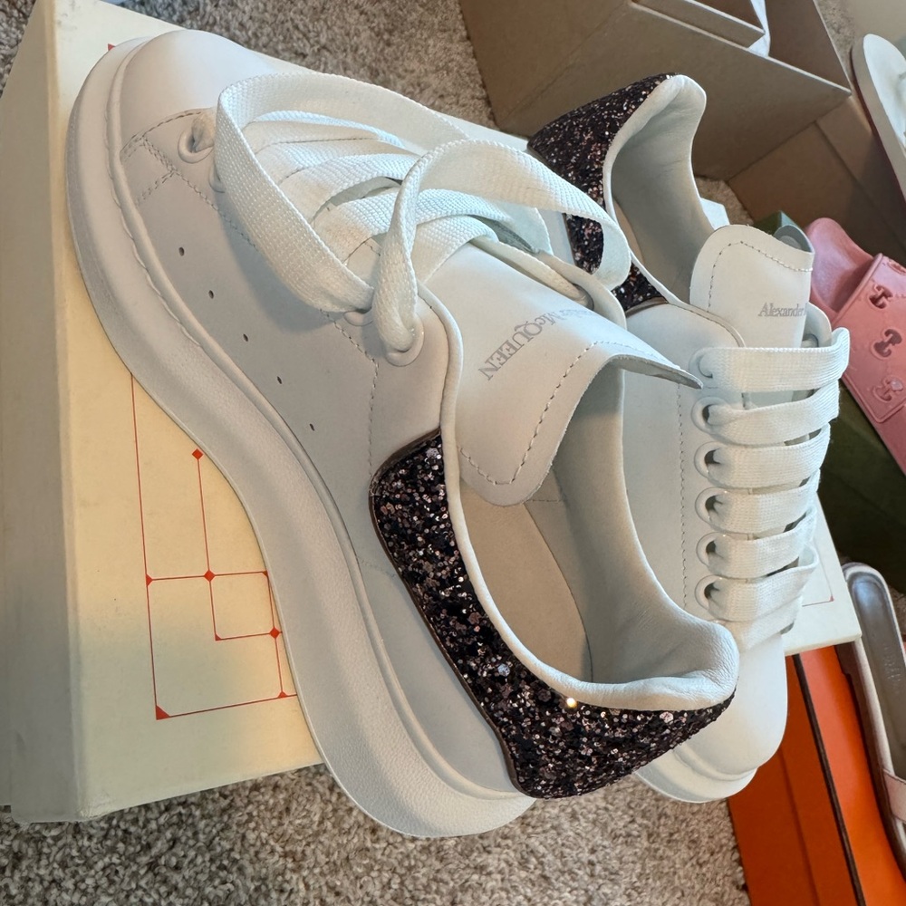 Alexander McQueen White Sneakers with Black Glitter Heel